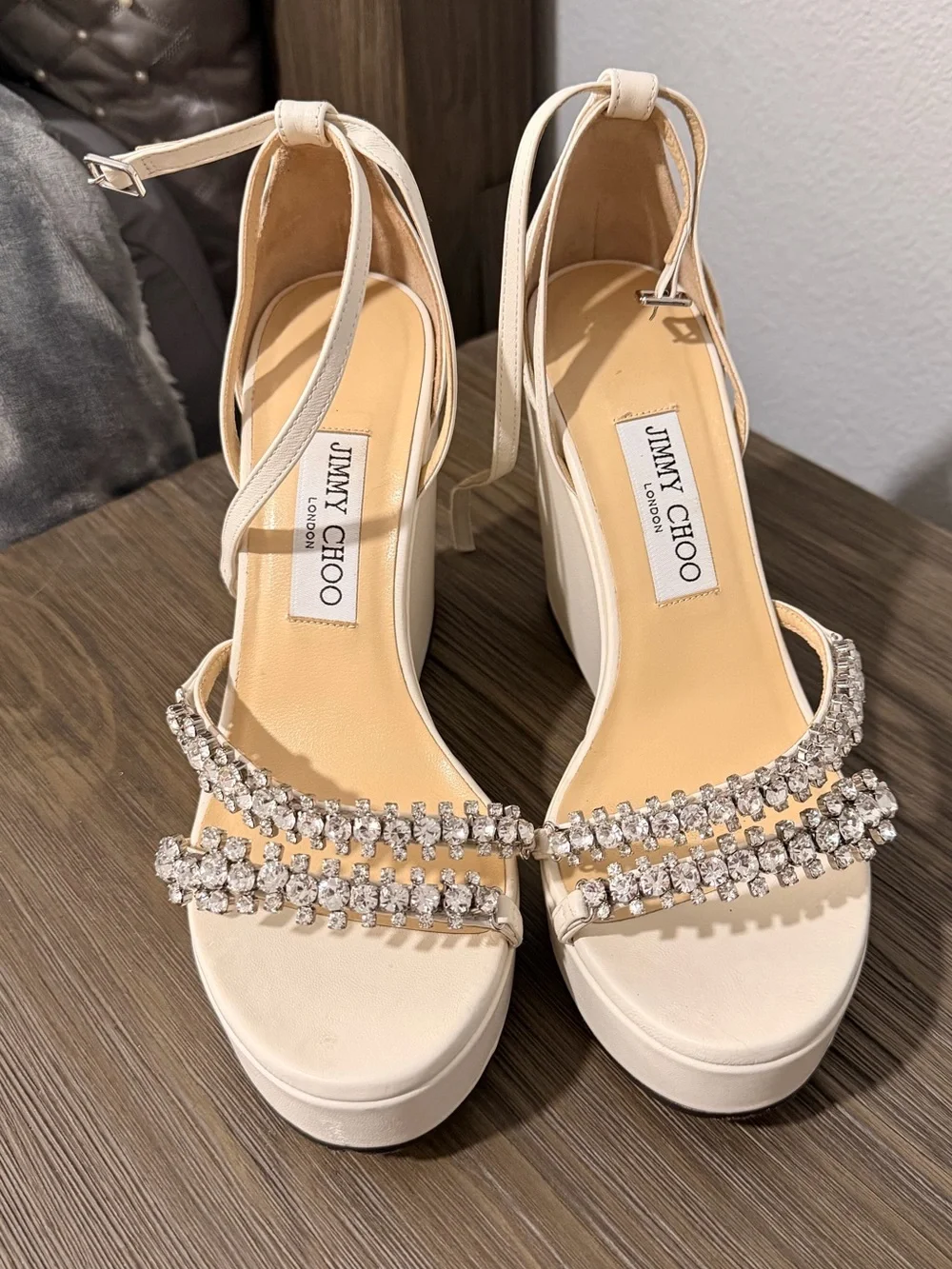 Jimmy Choo Bing Wedges in Latte/Crystal, Size 39 EU, Size 9 US, worn once